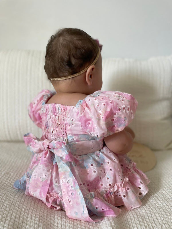 Baby girls pink embroidery baby romper with bow