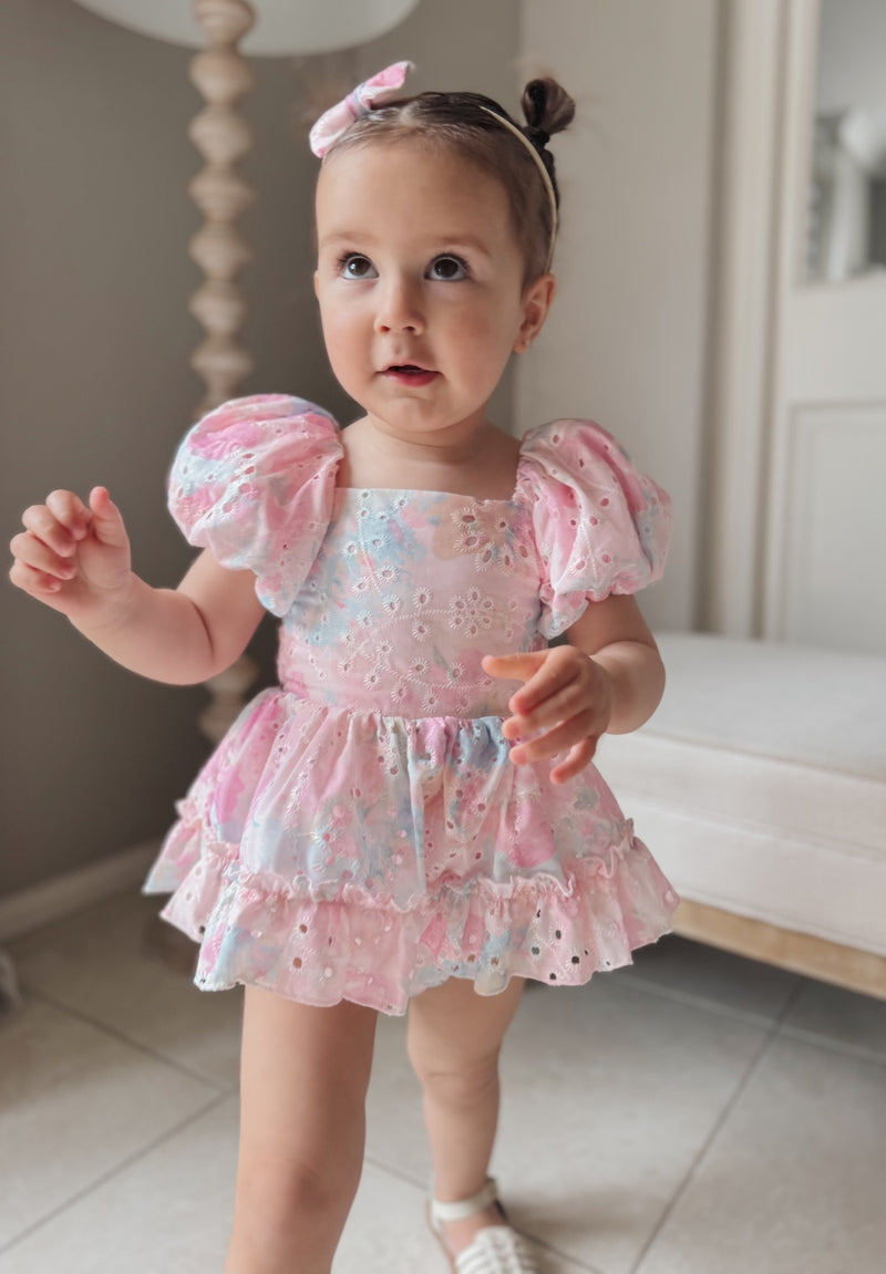 Polly Puff Sleeve Rainbow Baby Romper - A Little Lacey