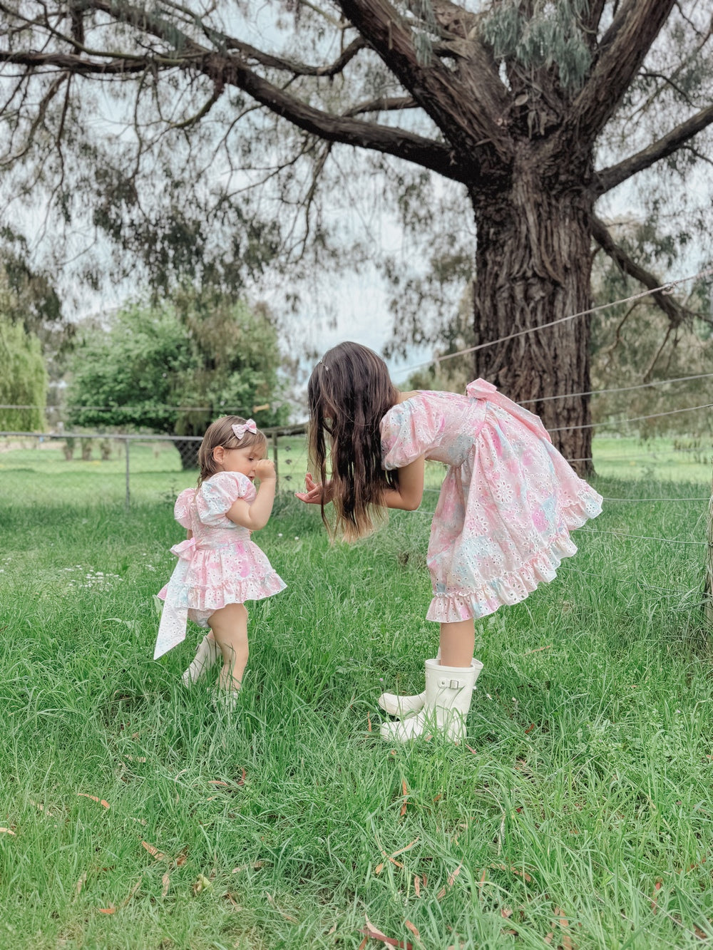 Matching sisters - rainbow pink embroidery dress and romper