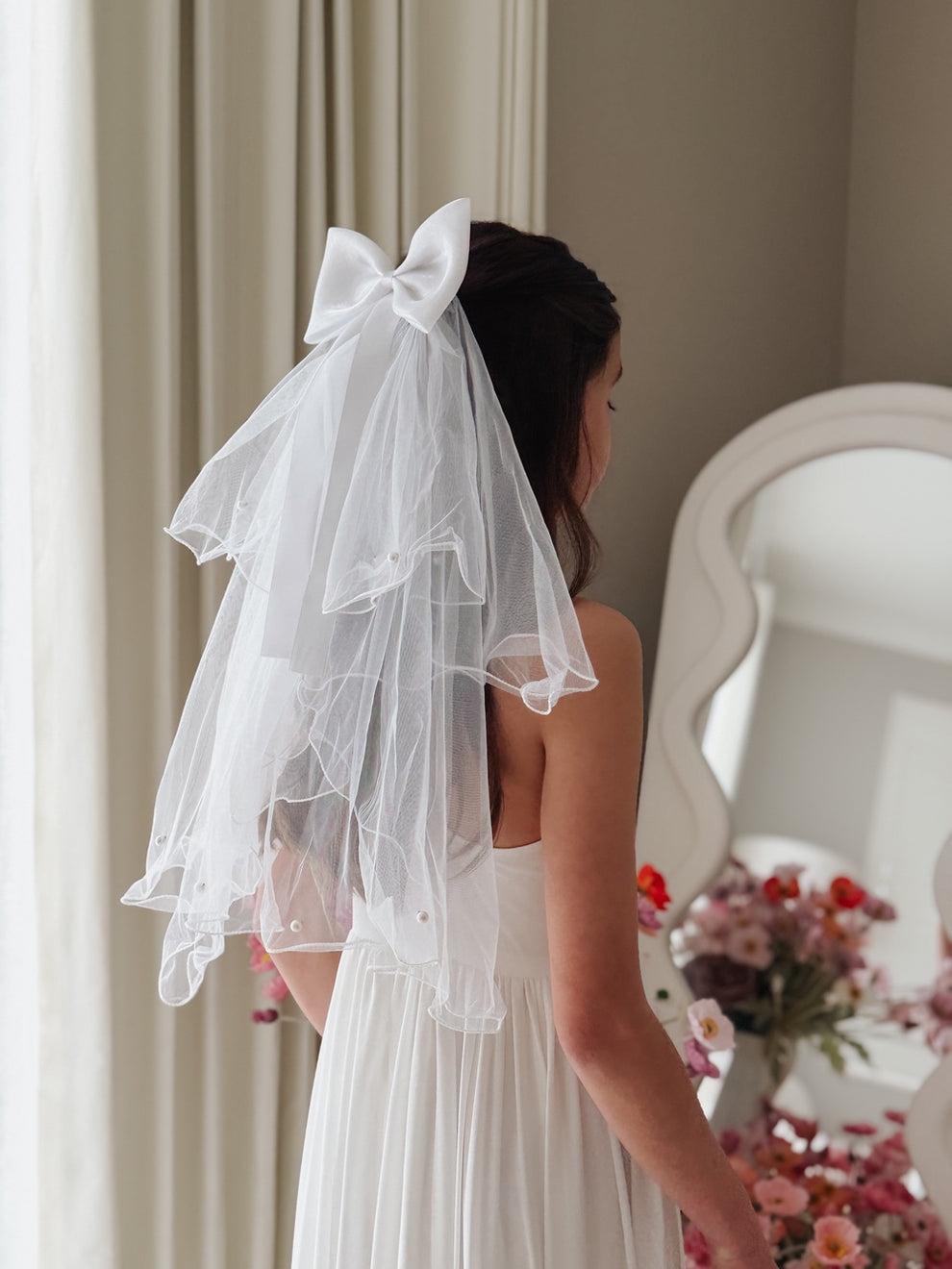 White Communion veil with large bow
