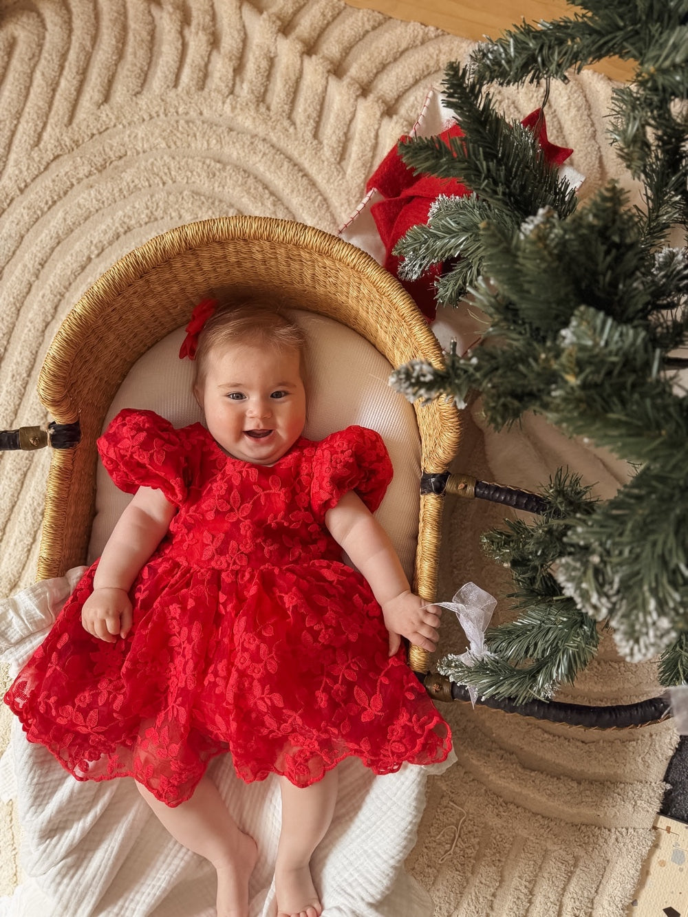 Penelope red embroidered baby Christmas dress, full front view