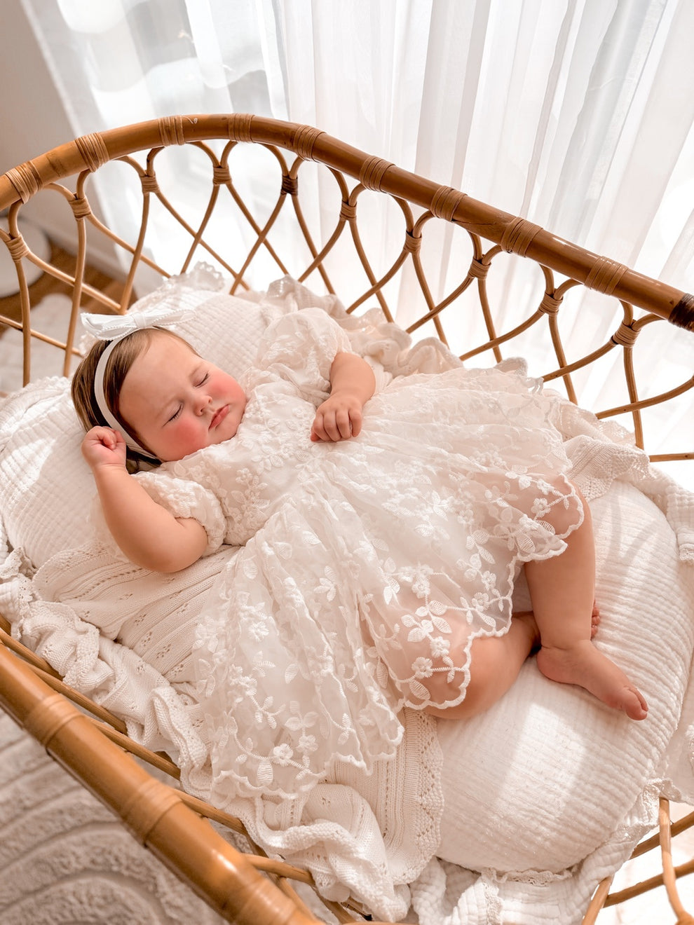 Embroidered ivory baby party dress with puff sleeves