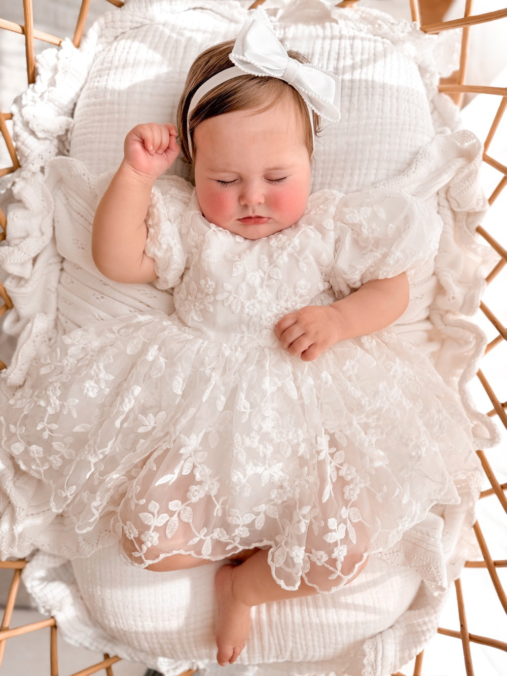 Ivory baby christening dress with floral embroidery