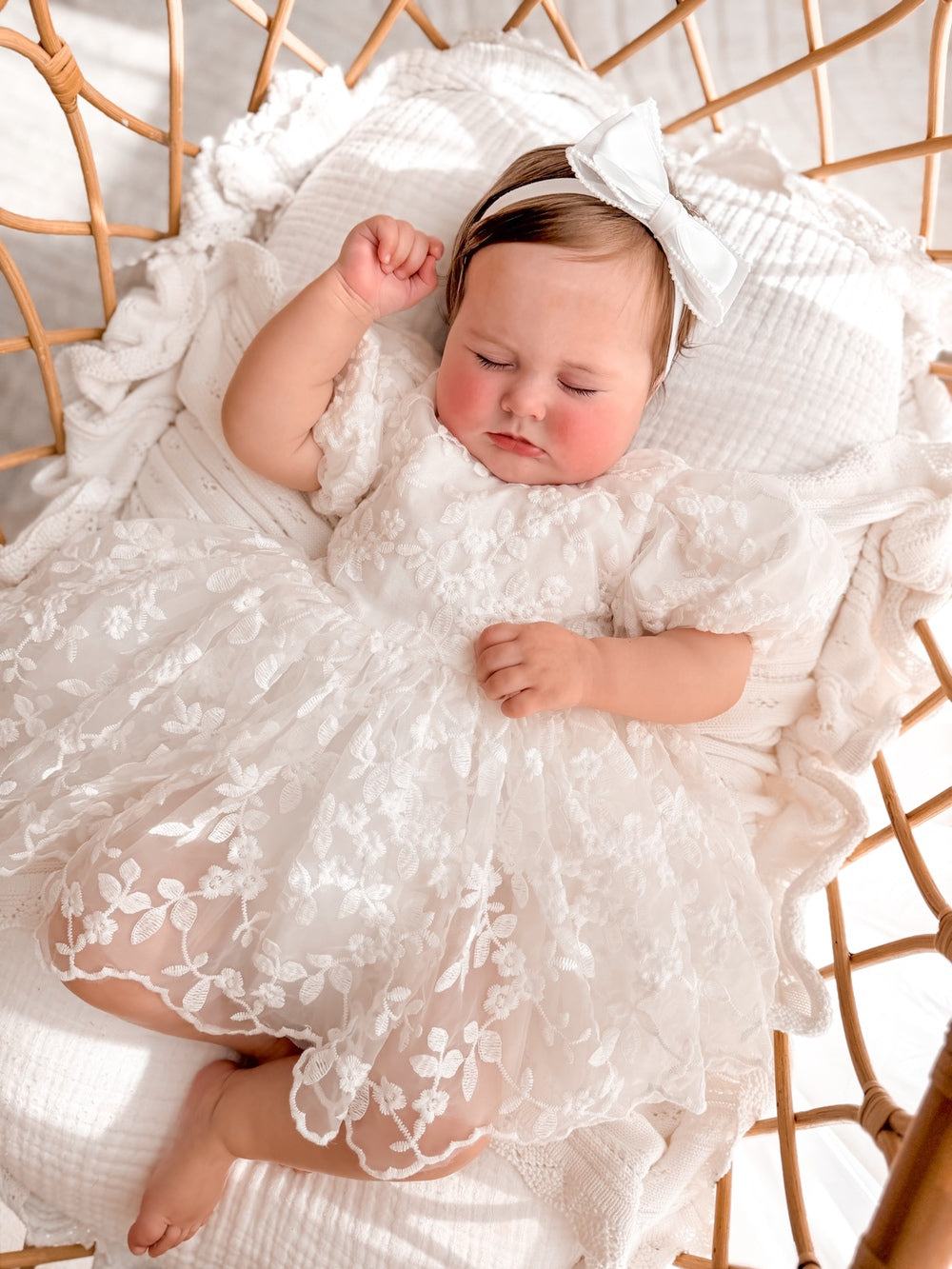 Baby girl baptism dress in white with large back bow