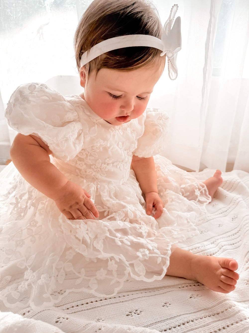 Ivory special occasion baby dress with floral embroidery