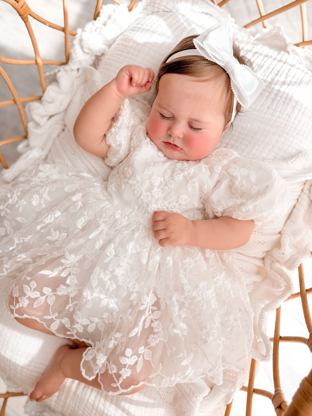 Baby girl baptism dress with puff sleeves and bow
