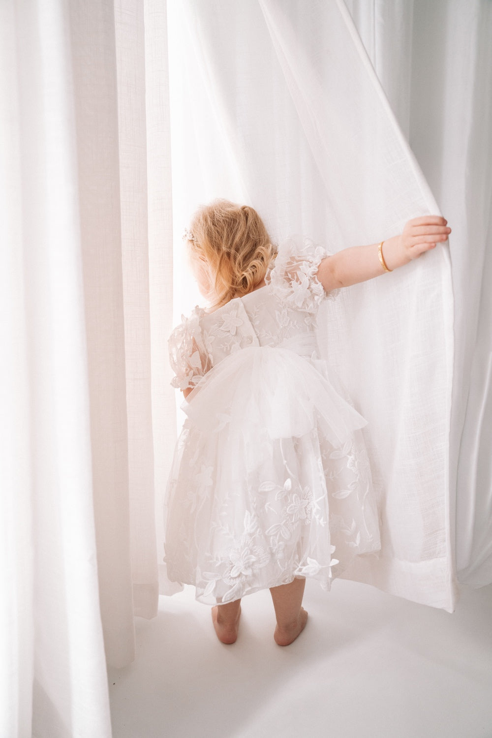 Girls special occasion dress with soft white floral embroidery