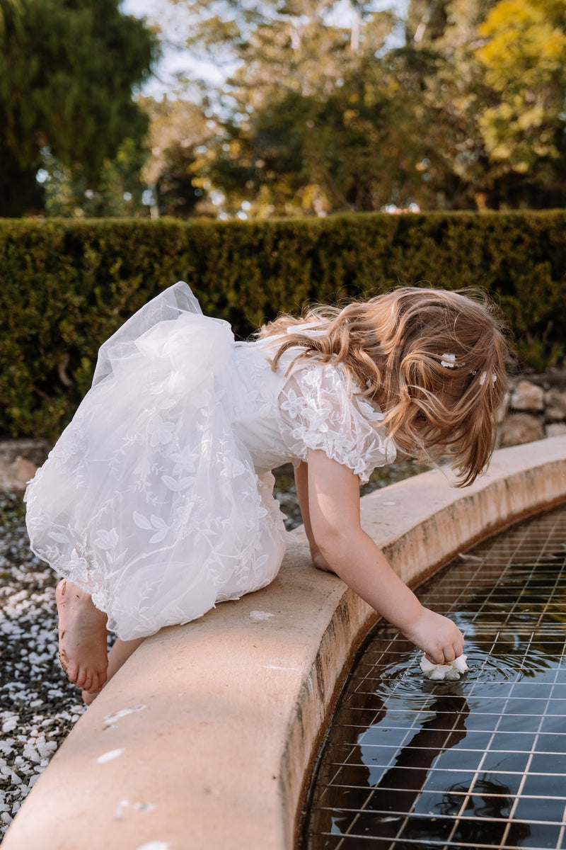 Petal Embroidered Girls White Dress - A Little Lacey