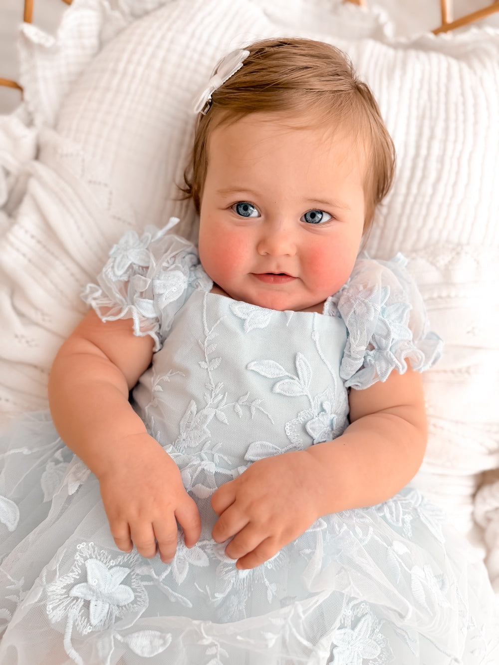 Embroidered baby party dress in pale blue