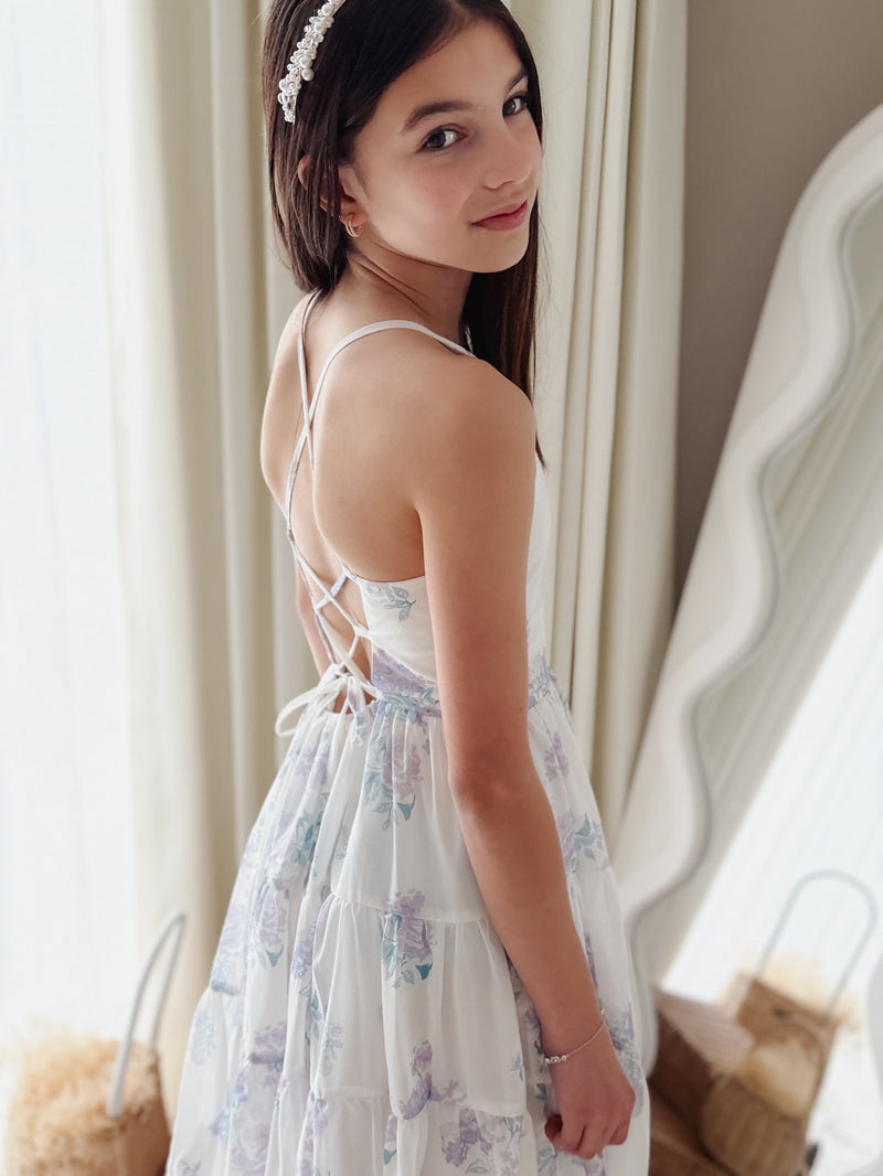 Phoebe Chiffon Girls Dress Purple Floral - A Little Lacey