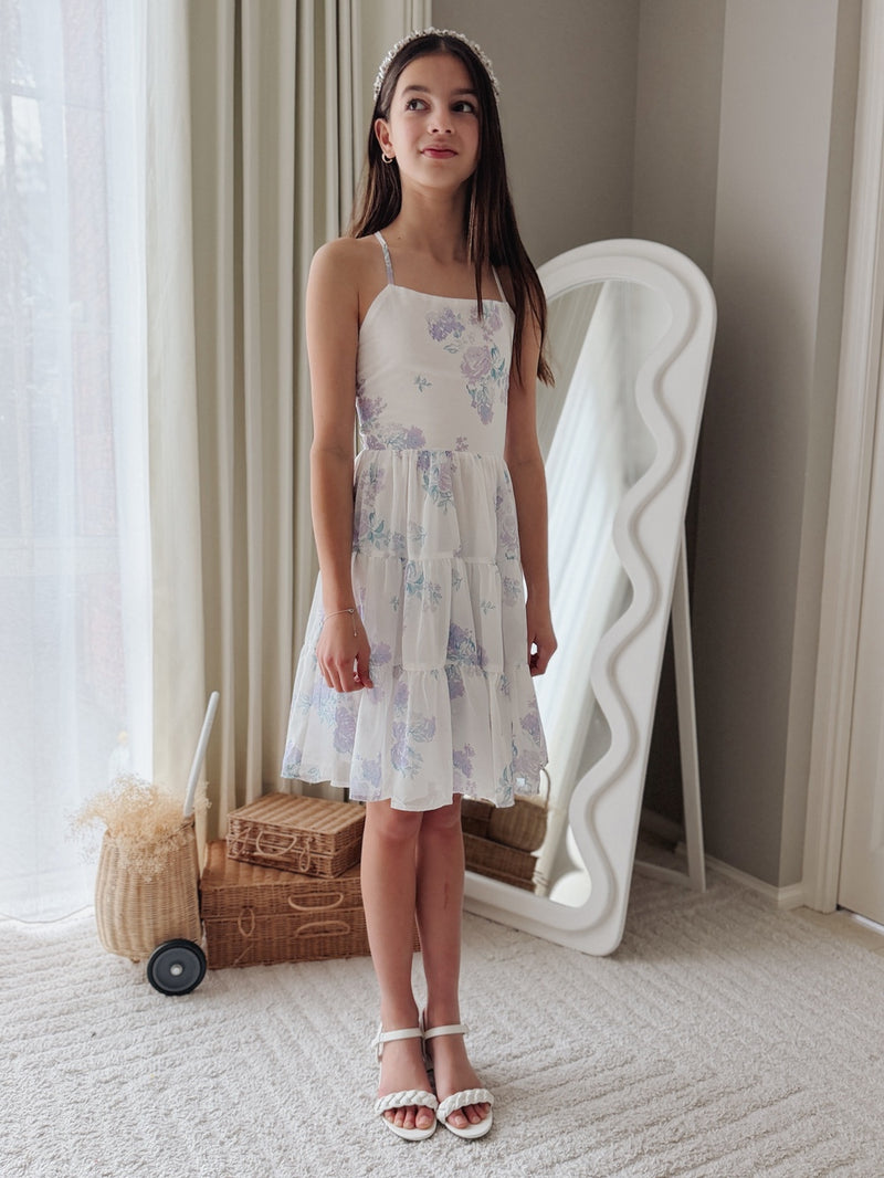 Phoebe Chiffon Girls Dress Purple Floral - A Little Lacey
