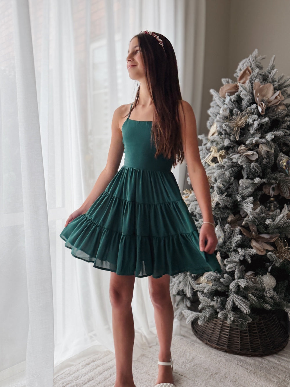 Girls forest green Christmas dress with adjustable back