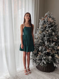 Girls green holiday party dress with lace-up back