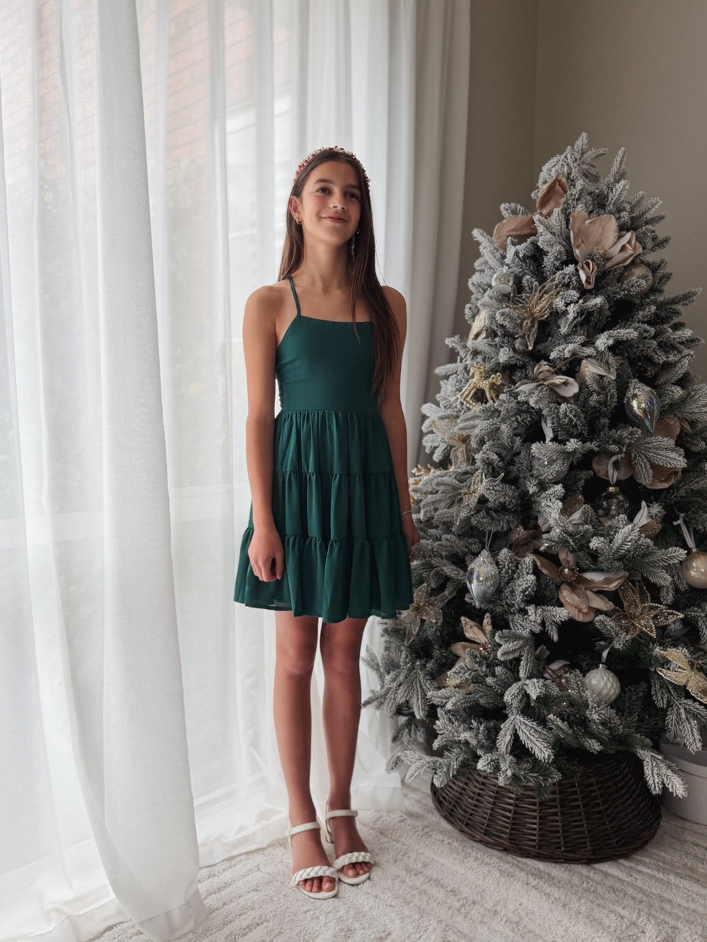 Girls green holiday party dress with lace-up back