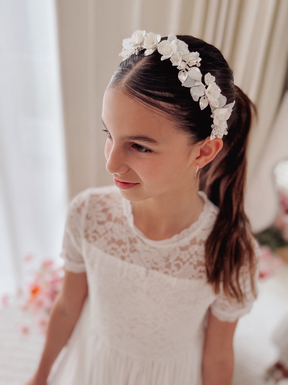 Girls heirloom Communion headband with white flowers