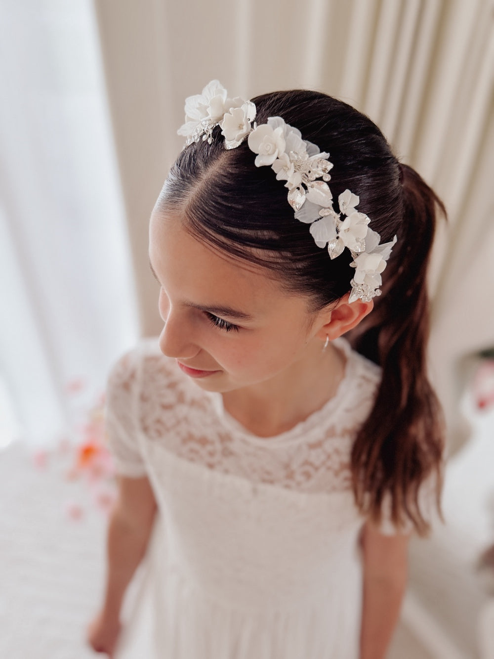 White floral hair accessory for flower girls