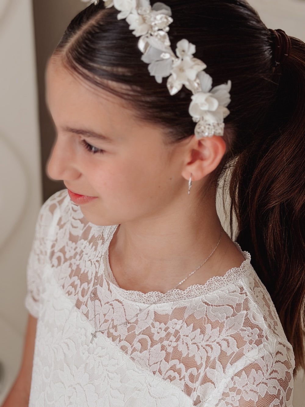 Girls luxury wedding headband with white flower details