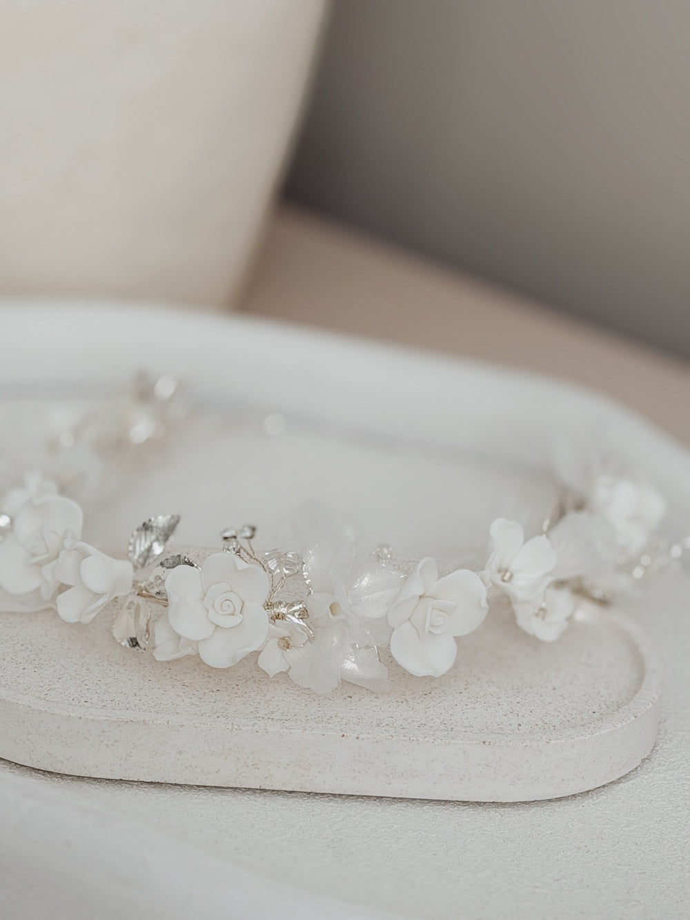 White floral headband with porcelain flowers for communion and flower girls