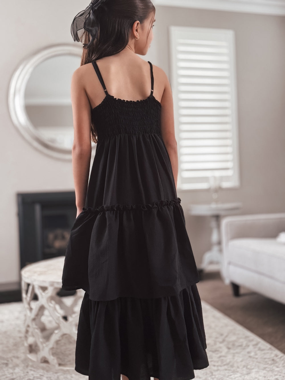 Sabrina Girls Black Maxi Dress - Tween Girls DressesElegant black dress for girls featuring a full-length tiered design