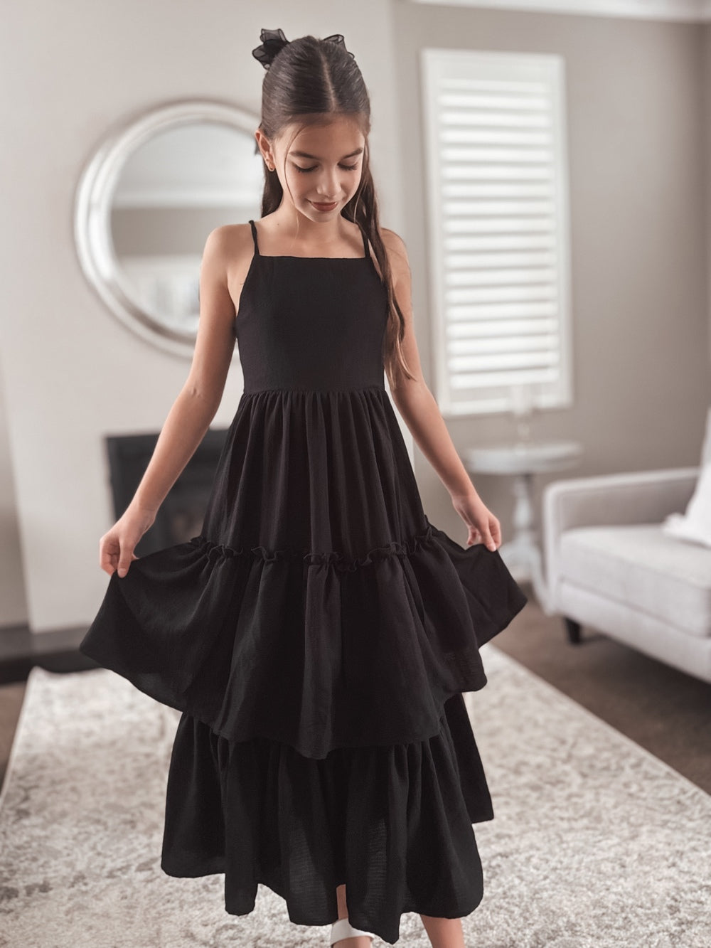 Sabrina Girls Black Maxi Dress - Tween Girls DressesBlack special occasion dress styled with adjustable straps and flowy silhouette