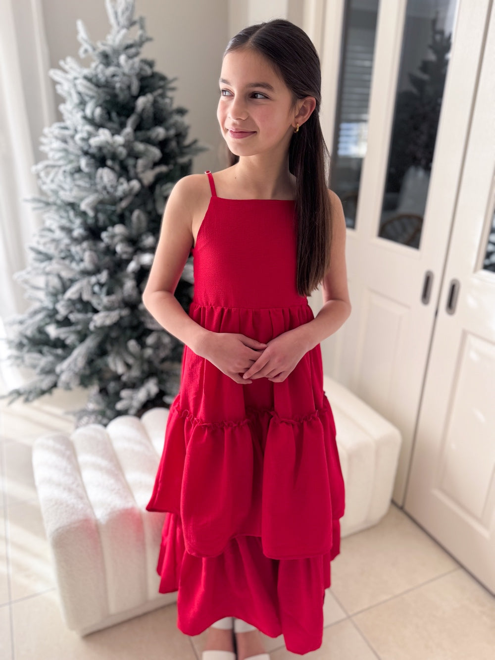 Sabrina Girls Red Christmas Maxi Dress - Tween Girls DressesTween girl in a red Christmas dress with a square neckline and layered maxi skirt