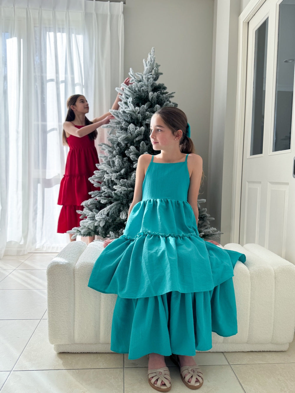 Sabrina Girls Green Christmas Maxi Dress - Tween Girls Dresses