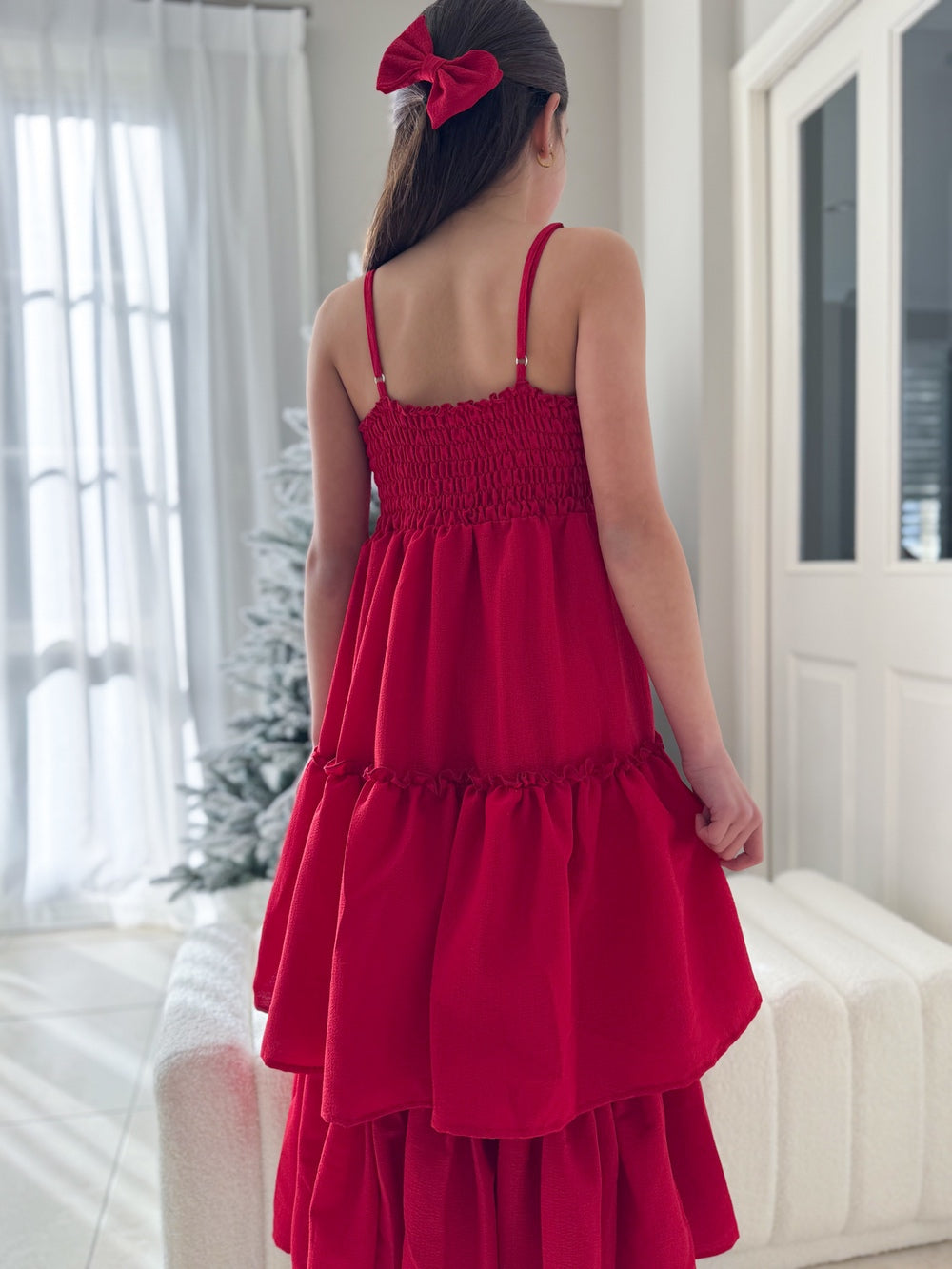 Sabrina Girls Red Christmas Maxi Dress - Tween Girls DressesShirred elastic back and adjustable straps featured on a red Christmas dress for girls