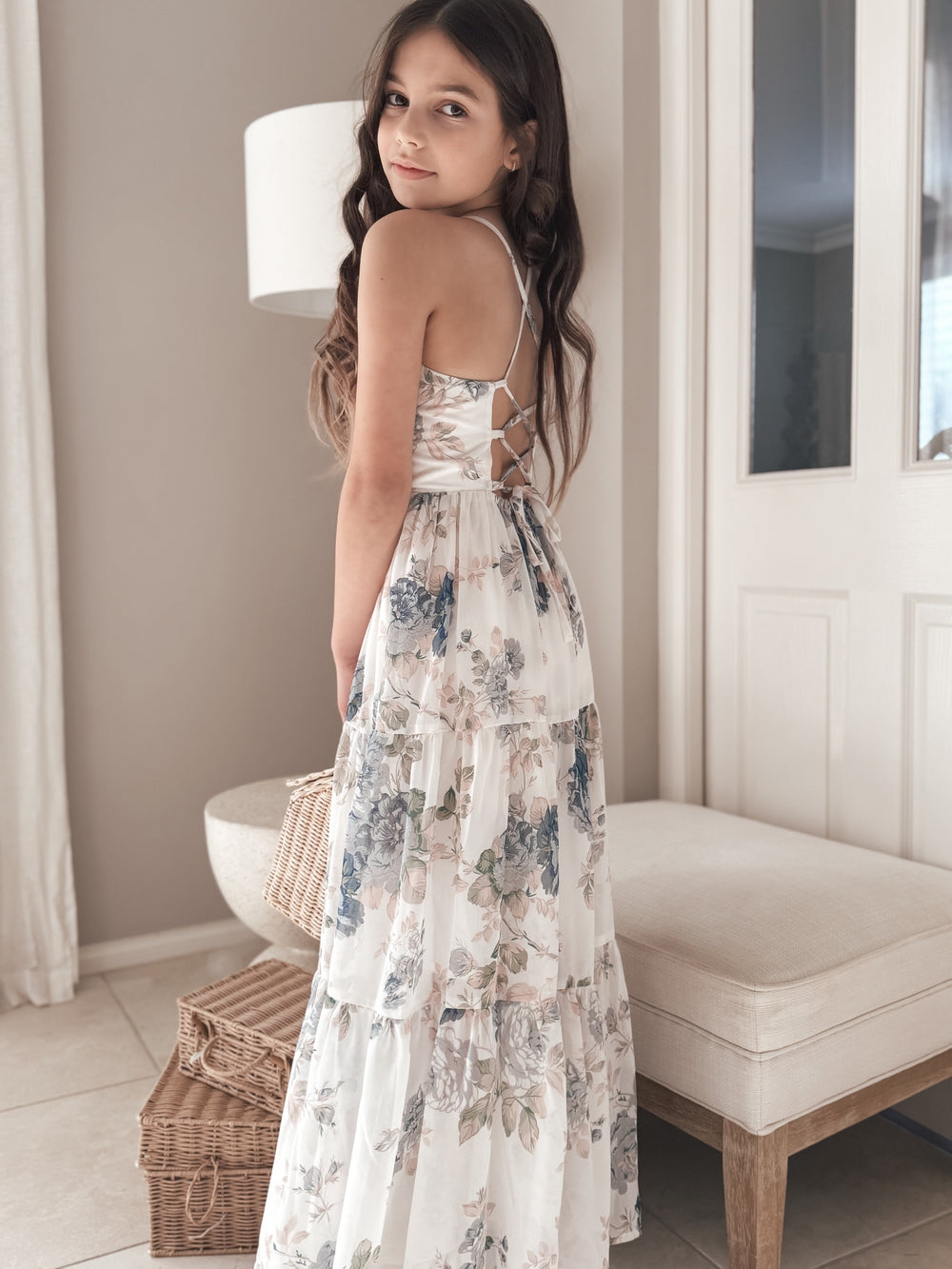 Savannah floral blue maxi graduation dress for tween girls