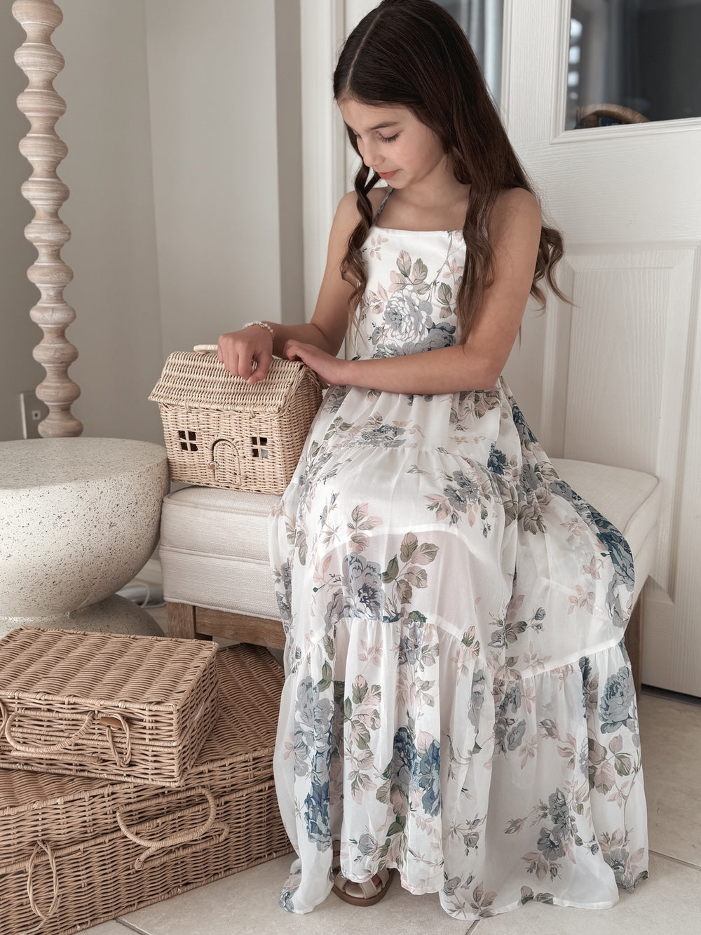 Front view of Savannah Ocean Floral Chiffon Dress with dusty blue flowers and beige leaves