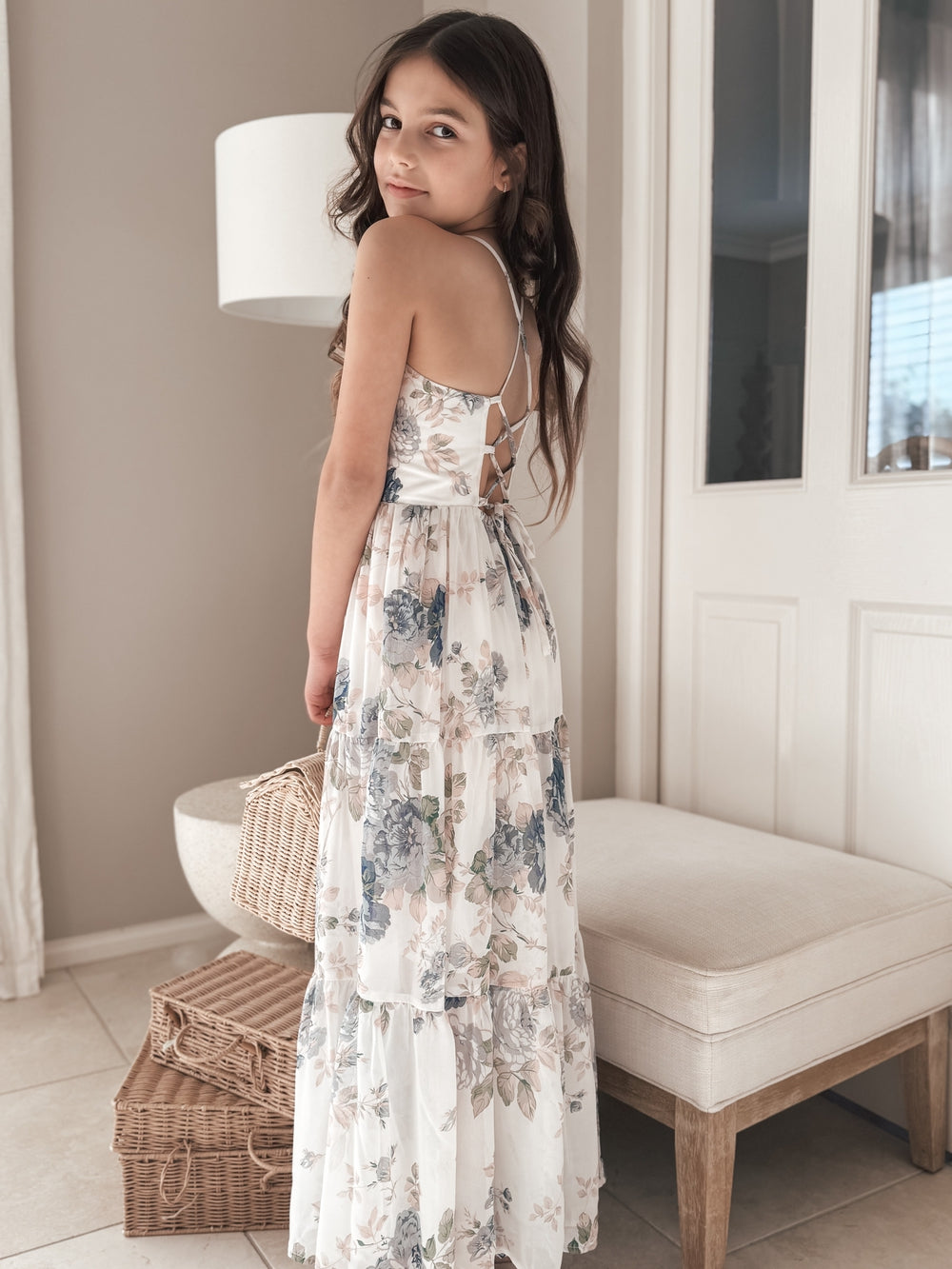 Savannah Girls Ocean Floral Chiffon Dress – chiffon dress with dusty blue and beige Ocean Floral print
