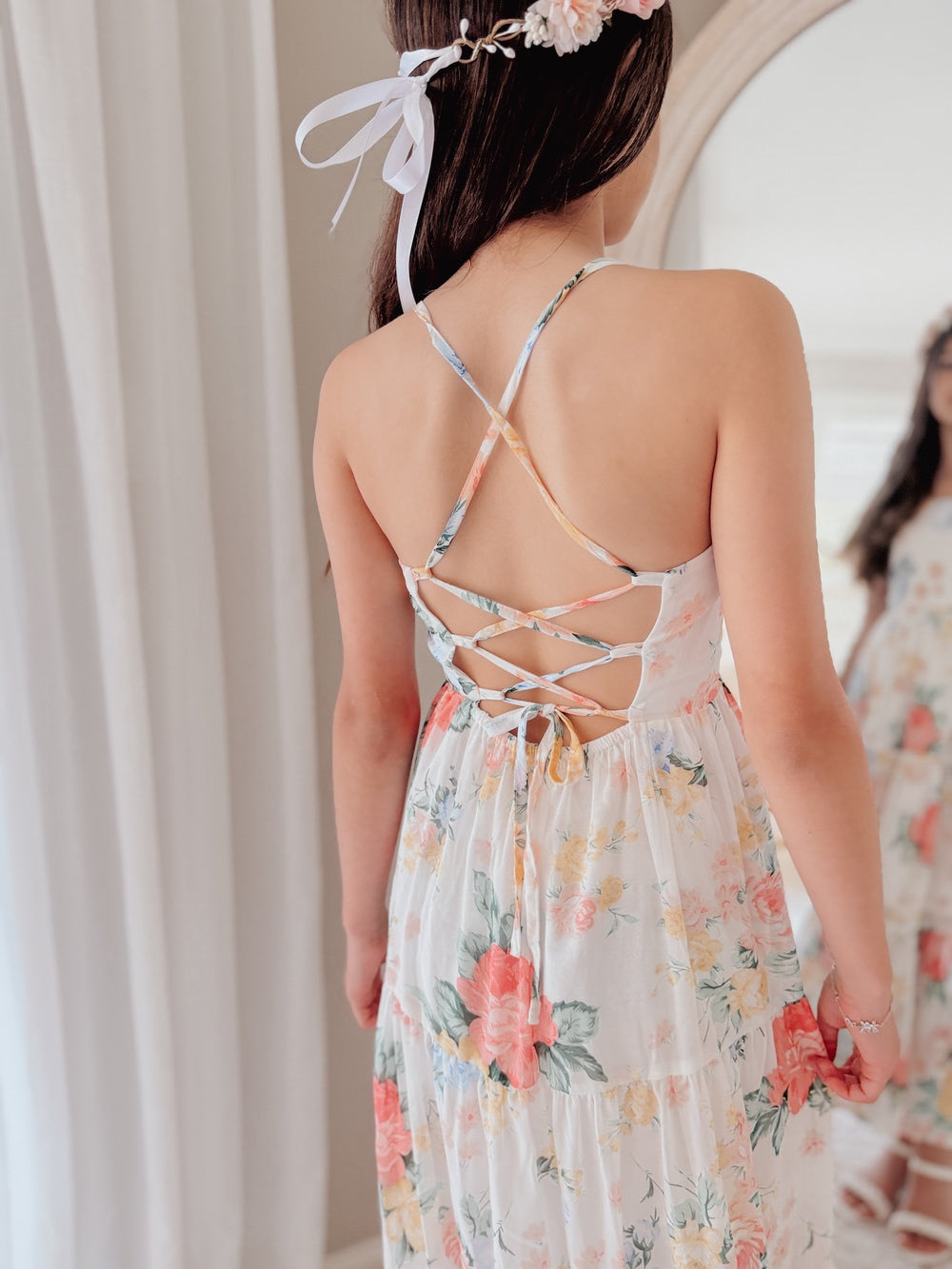 Tropical girls dress with lace-up back