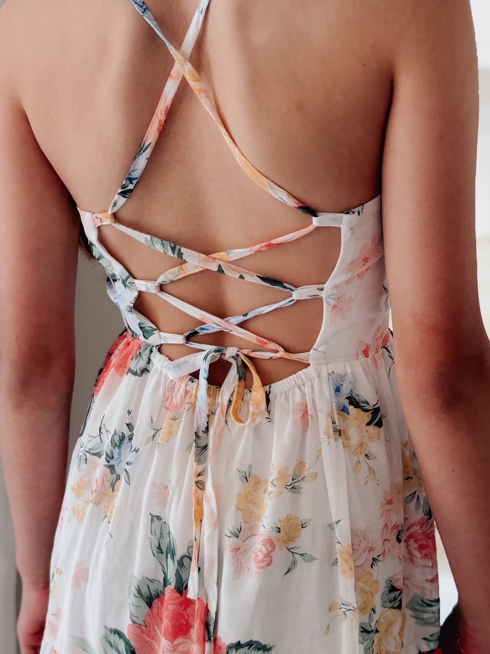 Girls floral lace up back dress