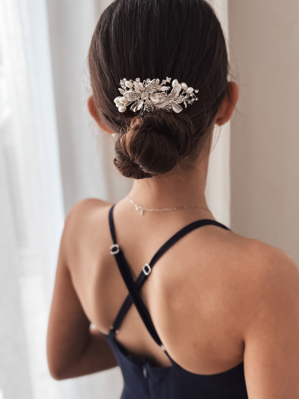 Serenity Bloom Girls Silver Hair Comb with pearl and diamante flower design