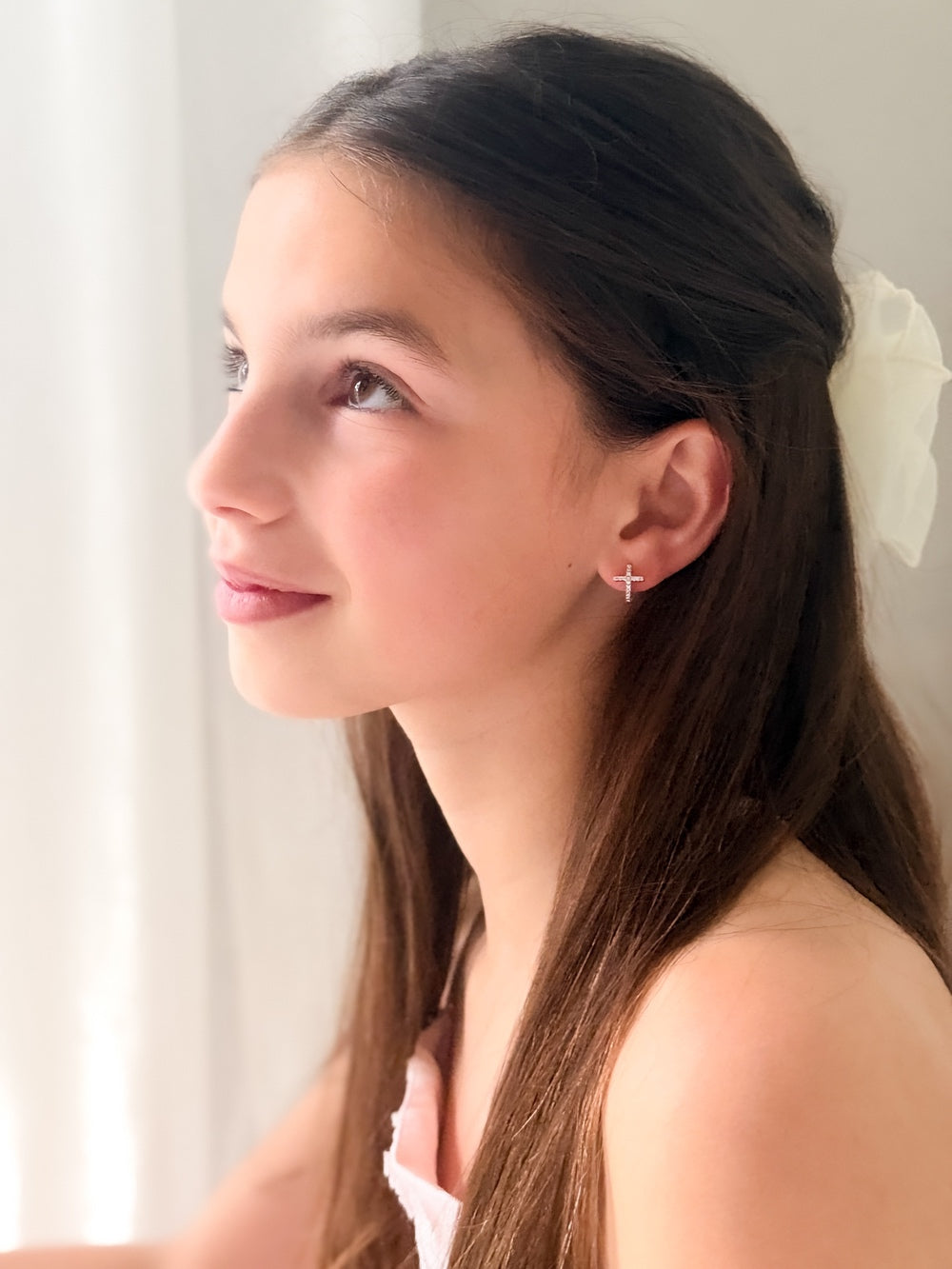 Girls Silver Cross Earrings - Girls and Babies JewelleryGirls Silver Cross Earrings – sterling silver hoops with diamante cross charms by A Little Lacey