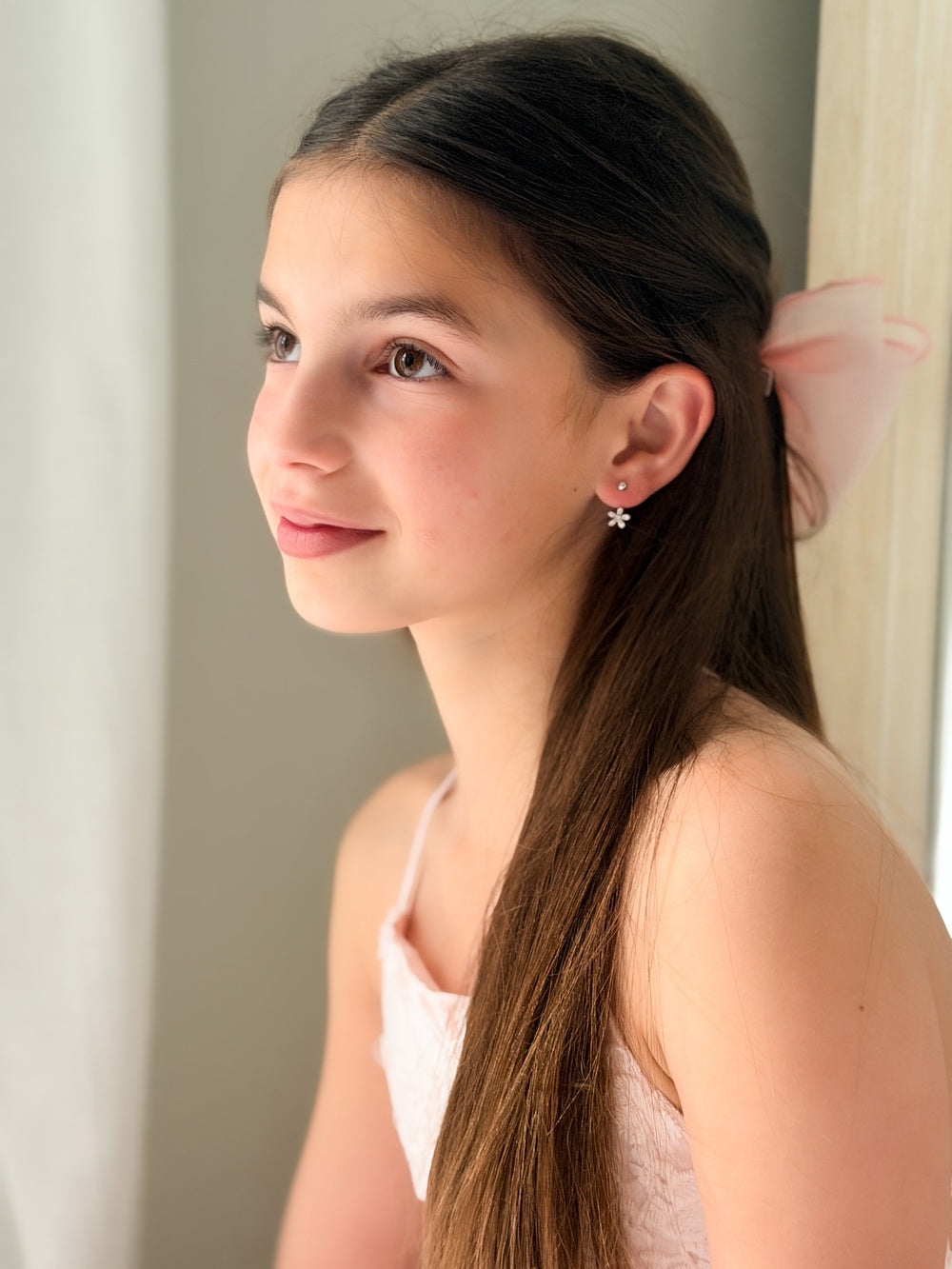 Girls Silver Flower Earrings - Girls and Babies JewelleryGirls Silver Flower Earrings – sterling silver hoops with sparkling flower charms by A Little Lacey