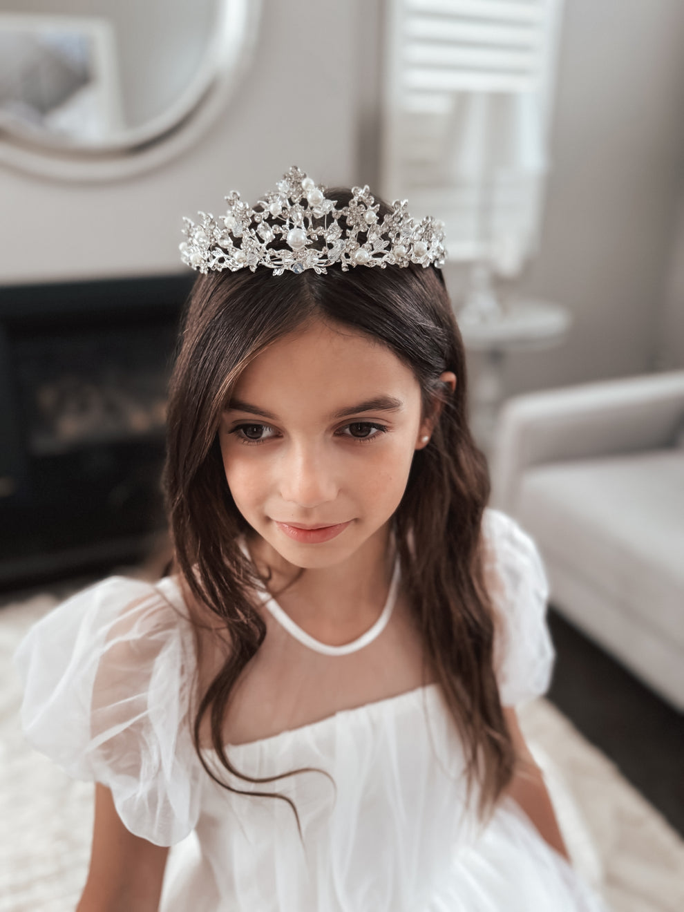 Girls silver and pearl tiara - front