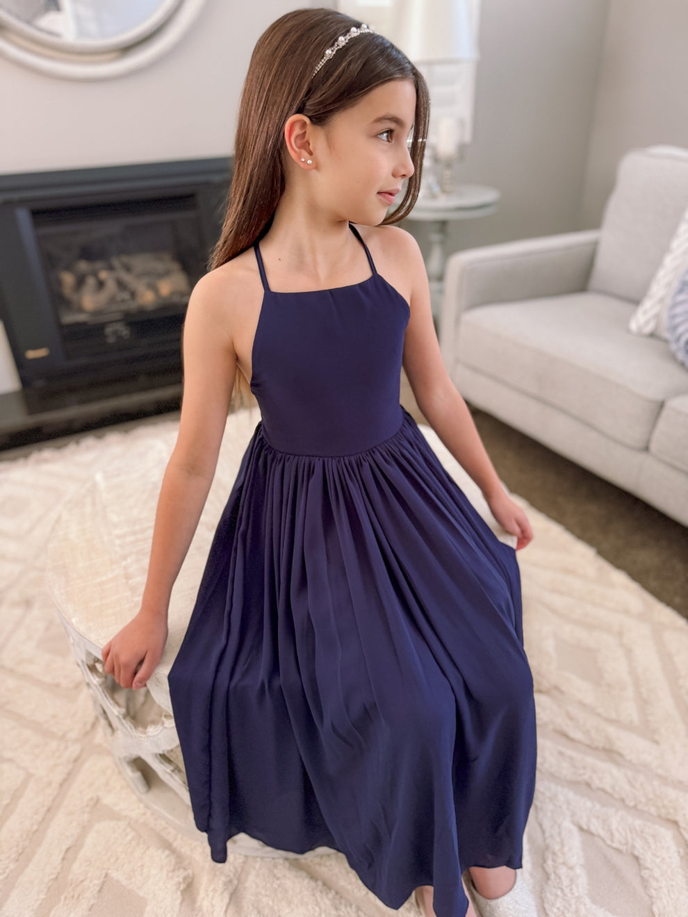 Sofia French Chiffon Navy Blue Girls Dress - A Little Lacey · Photo 16 of 17