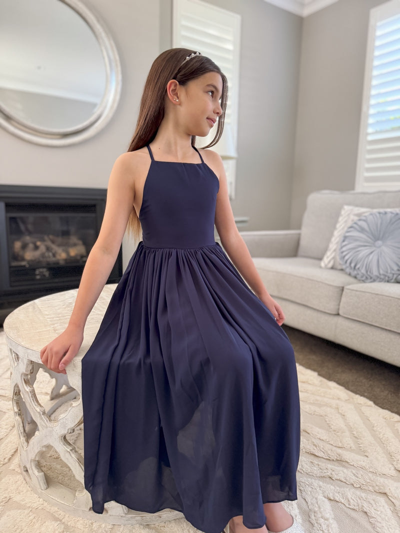 Sofia French Chiffon Navy Blue Girls Dress - A Little Lacey