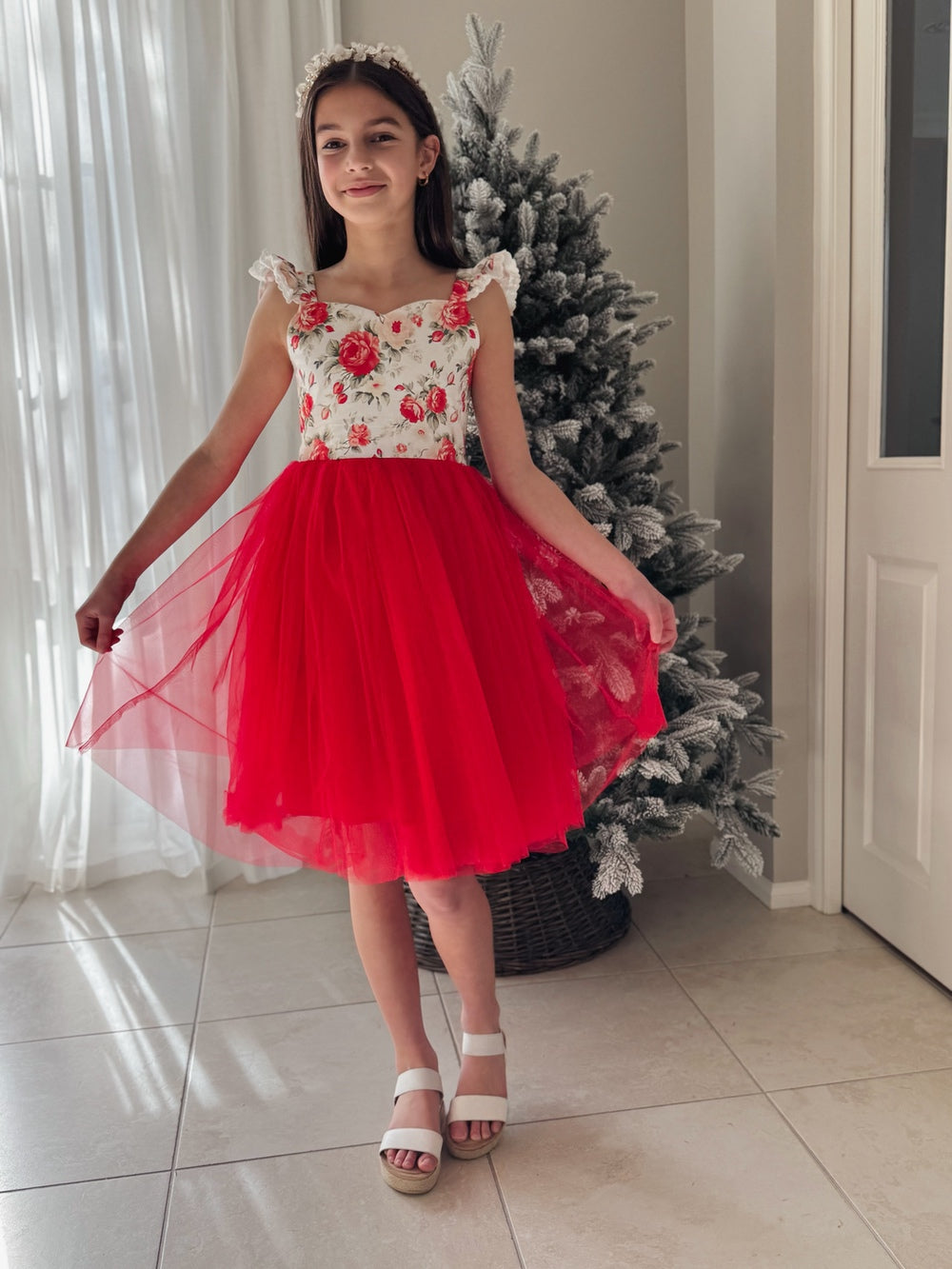 Elegant red holiday dress for girls with floral print