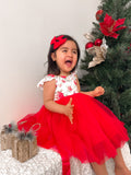 Close-up of red floral print on Stella Rose Christmas Dress with soft tulle skirt