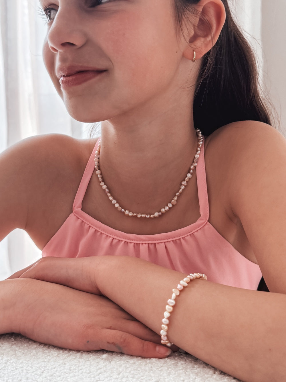 Sterling silver necklace and bracelet with white, peach, pink beads