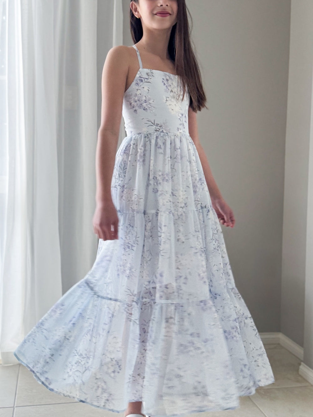 Savannah Girls Blue Floral Graduation Dress – pale blue chiffon floral dress by A Little Lacey