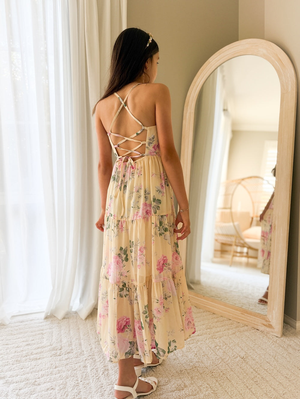 Yellow Rose tween graduation dress tiered chiffon skirt detail