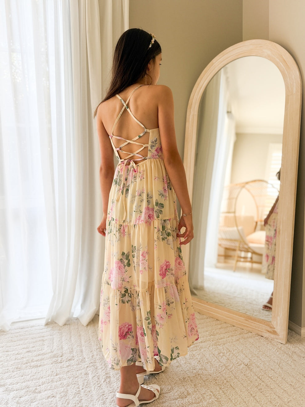 Yellow Rose tween graduation dress tiered chiffon skirt detail