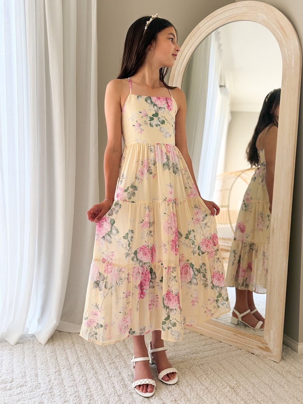 Yellow Rose maxi dress girls soft yellow background floral print front view