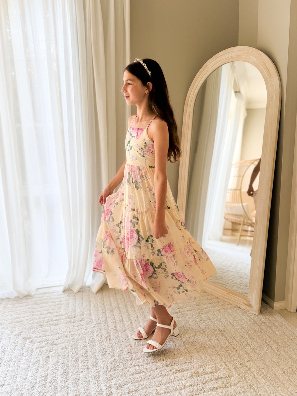 Savannah Yellow Rose junior bridesmaid dress for girls soft yellow floral maxi