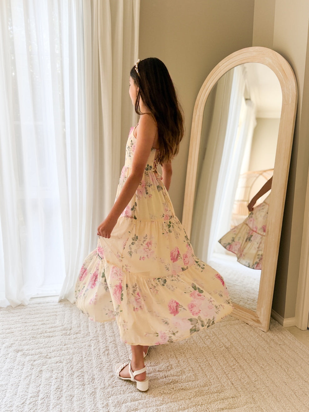junior bridesmaid maxi dress delicate pink and green flowers