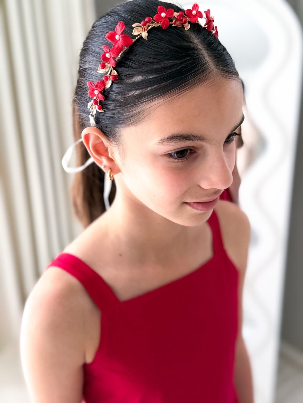 Adjustable red flower headpiece for girls
