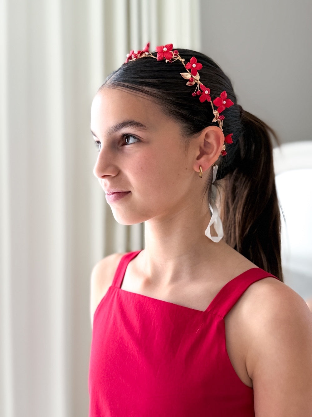 Red floral crown for girls weddings and birthdays