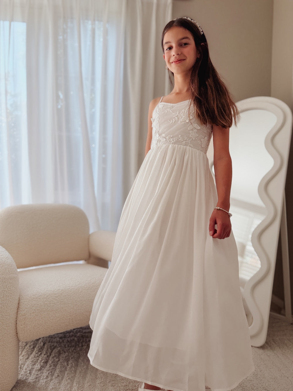 Serena Girls White Lace-Up Dress